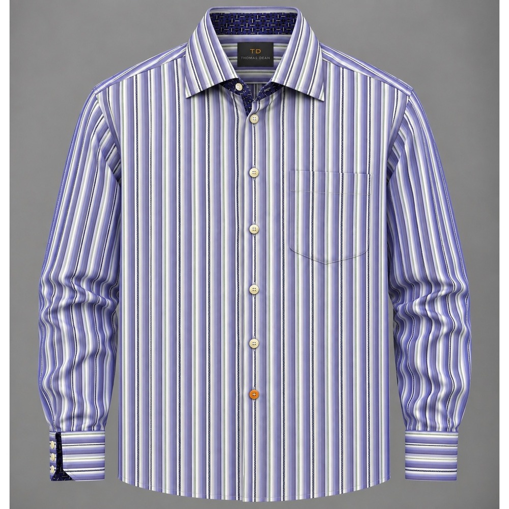 Thomas Dean Mens Dress Shirt XL Purple Striped Long Sleeve 100%Cotton 2Ply Yarn